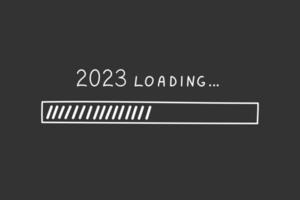 Progress bar 2023 new year in doodle style, vector illustration. Hand drawn loading symbol, white isolated element on chalk board background. Sketch load bar for print and design