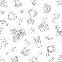 Quiz seamless pattern in doodle style, vector illustration. Back to school concept, stationery symbols on a white background. Pattern hand drawn for print and game quiz