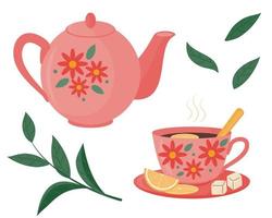 Tea set - teapot, cup with hot tea, lemonade and sugar. Drawing of green tea. Vector illustration.