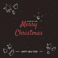 Christmas greeting card in doodle style. Hand drawing text, stars, trees on black background