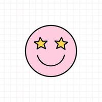 lindo icono de sonrisa rosa con ojos de estrella al estilo de los años 90. ilustración de garabato dibujada a mano vectorial aislada en fondo blanco. Nostalgia de los 90. perfecto para tarjetas, decoraciones, logotipos, pegatinas