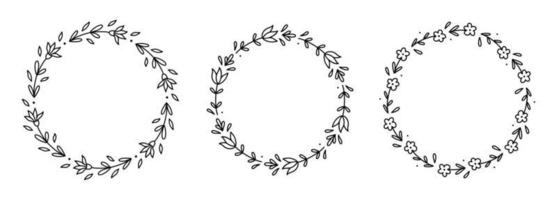 Set of floral wreaths isolated on white background. Round frames with flowers and leaves. Vector hand-drawn illustration in doodle style. Perfect for cards, invitations, decorations, logo.