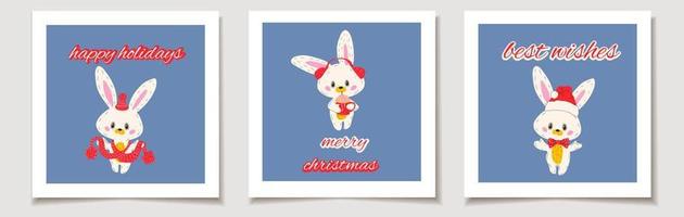 Christmas vector gift card or tag Set of three Set  Cute bunny in a hat and a scarf. merry christmas lettering, best wishes.