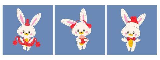 Set of three Cute bunny in a hat and a scarf. Vector in cartoon style. All elements are isolated