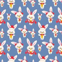 Seamless pattern with Cute bunny in a hat and a scarf. Mascot 2023. vector