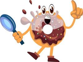 Donut with magnifying glass, illustration, vector on white background.