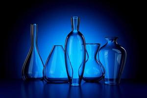 Empty glass vases realistic 3d illustration on blue background photo