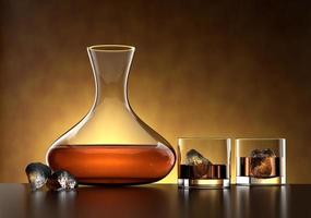 Glass of whisky with whiskey Carafe and ice cubes on a textured background with reflections - 3D Illustration photo