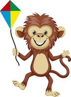 Monkey playing with flying kite, illustration, vector on white background.