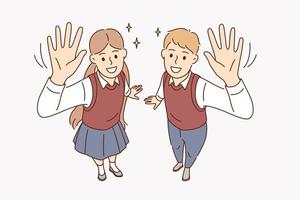 Education, studying and knowledge concept. Smiling boy and girl students pupils standing waving hands looking at camera showing excitement vector illustration