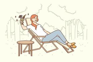 Relaxation and leisure activity concept. Smiling pretty woman cartoon character sitting in deck chair drinking fancy cocktail relaxing alone outdoors vector illustration