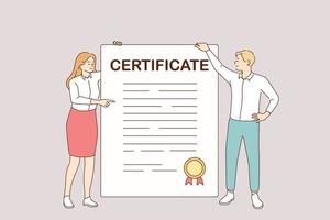 certificado de negocio y concepto de desarrollo. jóvenes socios sonrientes mujer y hombre personajes de dibujos animados de pie sosteniendo un enorme certificado con sello oficial en las manos ilustración vectorial vector