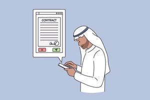 concepto en línea de contratos comerciales árabes. personaje de dibujos animados de empresario emirato árabe de pie con un teléfono inteligente en busca de información de contrato de acuerdo en la ilustración de vector de internet