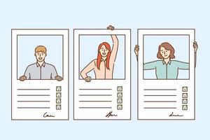 Resume, questionnaire and fulfilling forms concept. Profiles of young people candidates with signs and personal information fulfilled in forms vector illustration