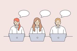 Call center workers during work concept. Group of young people workers operators customer service with laptops sitting talking to clients vector illustration