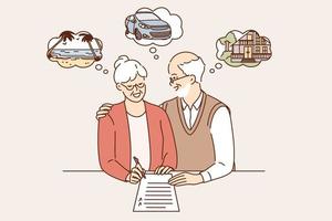 Happy retirement and planning vacations concept. Old mature couple man and woman standing signing document planning weekend together feeling happy vector illustration