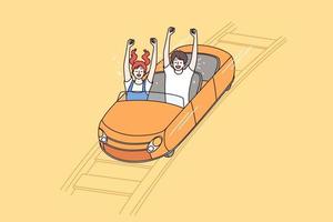 Amusement park and leisure activities concept. Happy children riding on attractions in kids amusement park with hands raised up vector illustration