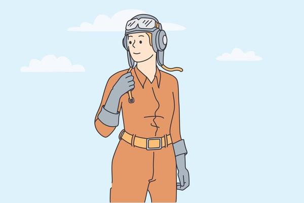 Woman working as pilot concept. Young smiling woman in helmet and protective clothes standing looking away feeling freedom and confidence vector illustration