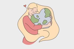 Environment and taking care of planet concept. Young smiling blonde woman hugging embracing planet earth in heart shape feeling love vector illustration