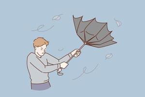 Bad weather and storm concept. Young stressed man cartoon character standing trying to catch flying umbrella from rain and wind vector illustration