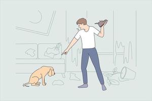 Being angry at pet concept. Young angry aggressive man cartoon character standing shouting at guilty dog eaten his shoe vector illustration