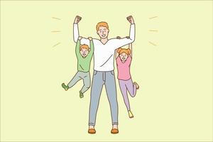 Happy parenthood and childhood concept. Young smiling man father dad cartoon character standing holding happy children son and daughter on hands vector illustration