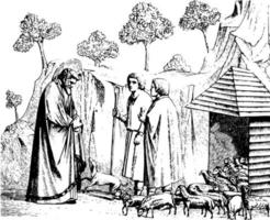 Joachim Retires to the Sheepfold can be found in the Arena Chapel in Padua, vintage engraving. vector