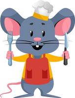 Mouse with knife and fork, illustration, vector on white background.