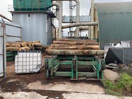 Industrial sawmill with logs for processing into boards, equipment for logging and making wood products photo