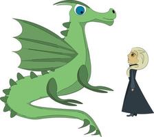 Green dragon and a girl, illustration, vector on white background.