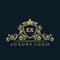 logotipo de la letra ex con escudo dorado de lujo. plantilla de vector de logotipo de elegancia.