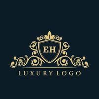 logotipo de la letra eh con escudo dorado de lujo. plantilla de vector de logotipo de elegancia.