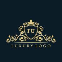 logotipo de letra fu con escudo dorado de lujo. plantilla de vector de logotipo de elegancia.