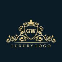 logotipo de letra gw con escudo de oro de lujo. plantilla de vector de logotipo de elegancia.