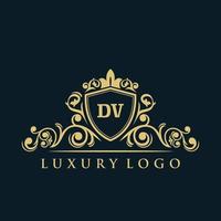 Letter DV logo with Luxury Gold Shield. Elegance logo vector template.