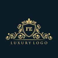 logotipo de la letra fe con escudo dorado de lujo. plantilla de vector de logotipo de elegancia.