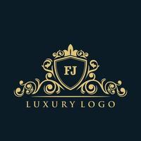 logotipo de la letra fj con escudo dorado de lujo. plantilla de vector de logotipo de elegancia.