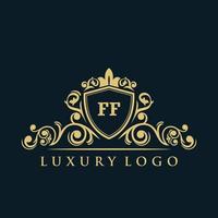 logotipo de la letra ff con escudo dorado de lujo. plantilla de vector de logotipo de elegancia.