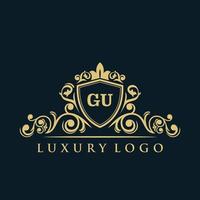 Letter GU logo with Luxury Gold Shield. Elegance logo vector template.
