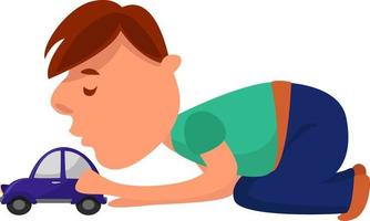 niño con coche de juguete, ilustración, vector sobre fondo blanco