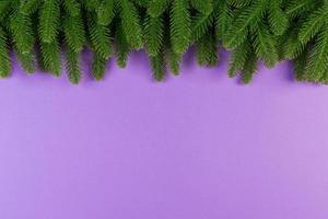 Top view of colorful festive background made of fir tree branch. Christmas holiday concept with copy space photo