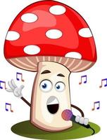 Mushroom singing on microphone, illustration, vector on white background.