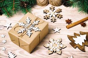 Homemade wrapped christmas presents with tools and decorations. Toned photo