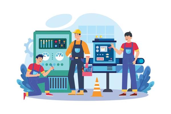Factory worker repairing machine