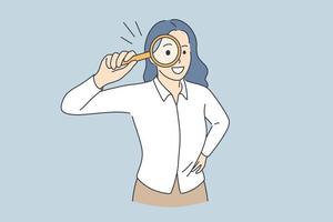 Searching investigation and research concept. Young smiling woman cartoon character standing holding magnifier glass over eyes feeling curious vector illustration