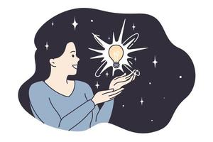 Enlightenment, harmony, having great idea concept. Young smiling woman cartoon character having light bulb in flying brunette hair feeling positive and excited vector illustration