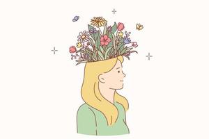 Woman with blooming head concept. Young smiling blonde female cartoon character standing having blooming flower bouquet on head vector illustration