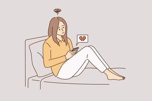 Online dating and broken heart concept. Young unhappy sad disappointed girl cartoon character sitting communicating online with boyfriend breaking up vector illustration