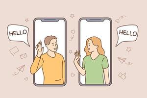 Online Communication, chatting and technologies concept. Young people woman and man looking at each other from smartphone screen greeting feeling cheerful vector illustration