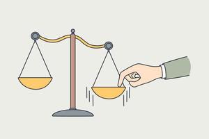 Making choice, measuring values concept. Human hand putting finger to one side on scales making decision and choice vector illustration